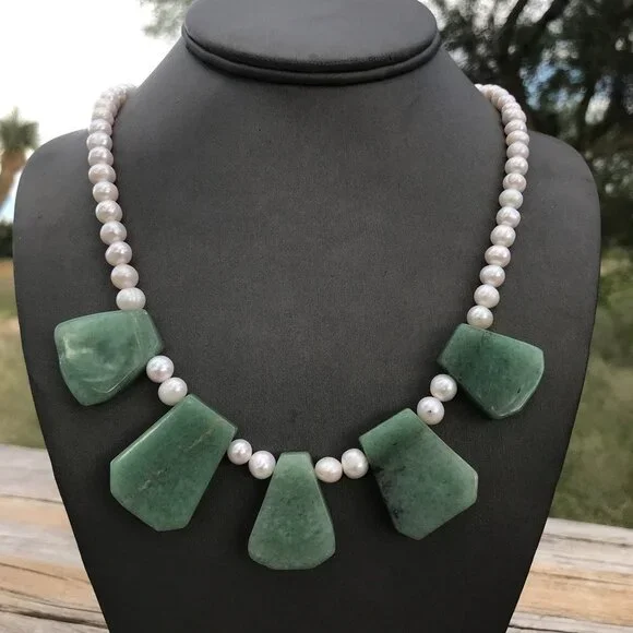 Genuine Natural Jade Nephrite Pearl Cleopatra Necklace Sterling Silver 925